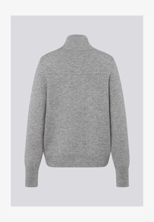 Gray sweater with a high collar and long sleeves. Soft texture and knit design, featuring a clean back without embellishments.