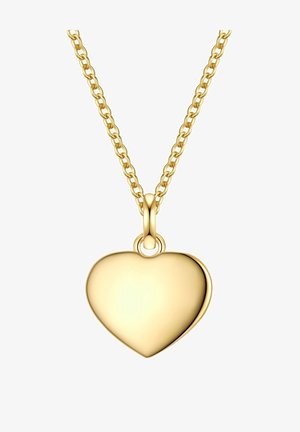 Goldheart-Anhänger Halskette an einer Kette. Glatte, reflektierende Oberfläche mit einer markanten Herzform. Keine zusätzlichen Muster oder Hardware-Details.