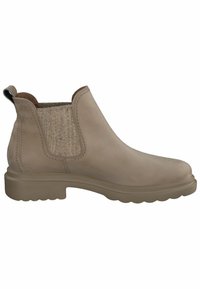 Botín de cuero beige hasta el tobillo con paneles laterales elásticos, acentos de tela texturizada, puntera redondeada y suela de goma gruesa.