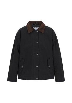 Mustad meeste jakk pruunist korduroist kaelusega, nööpidega ja küljetaskutega; omab relaxed lõiget ja sujuvat tekstuuri.