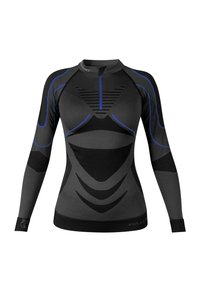 Long-sleeve athletic top in black with blue accents, featuring a fitted design, textured panels, and a half zip at the collar.