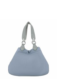 Sac fourre-tout en tissu doux bleu clair avec une forme décontractée, complété par des poignées en suède gris et des accents en métal argenté.
