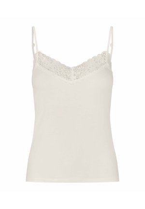 White spaghetti strap camisole top with floral lace trim along the V-neckline, displayed on a plain background.