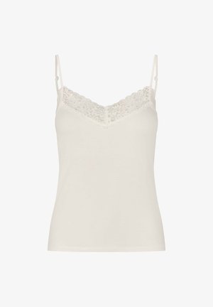 White spaghetti strap camisole top with floral lace trim along the V-neckline, displayed on a plain background.