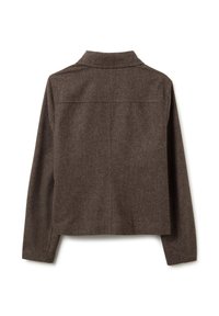Giacca di lana marrone a maniche lunghe con colletto, esposta piatta dal retro su uno sfondo bianco.