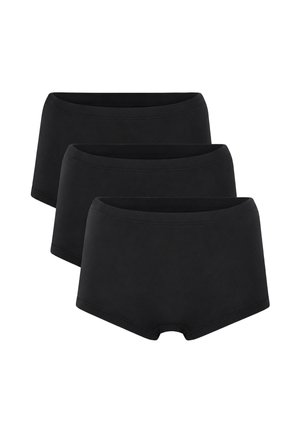 Drei schwarze nahtlose Damen-Slips mit hohem Bund, in einer Reihe auf weißem Hintergrund gestapelt.
