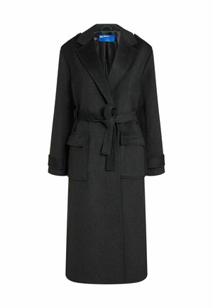Abrigo largo de lana gris oscuro con solapas con muesca, cintura con cinturón, dos bolsillos delanteros con solapa y correas en los puños.