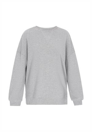 Šedá mikina vyrobená z mäkkého zmesového bavlneného materiálu; obsahuje spadnuté ramená, dlhé rukávy a okrúhly výstrih s uvoľneným strihom.