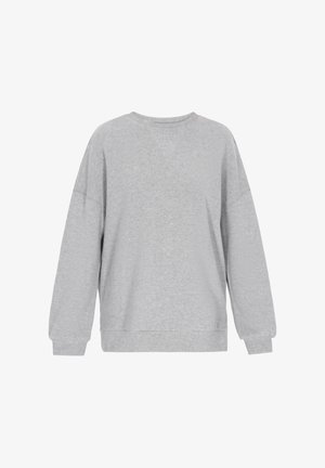 Šedá mikina vyrobená z mäkkého zmesového bavlneného materiálu; obsahuje spadnuté ramená, dlhé rukávy a okrúhly výstrih s uvoľneným strihom.