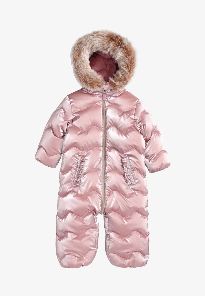 Różowy, błyszczący kombinezon dla niemowląt z zamkiem z przodu, kapturem wykończonym futrem oraz ocieplaną, pikowaną teksturą, zapewniającą ochronę przed zimnem.