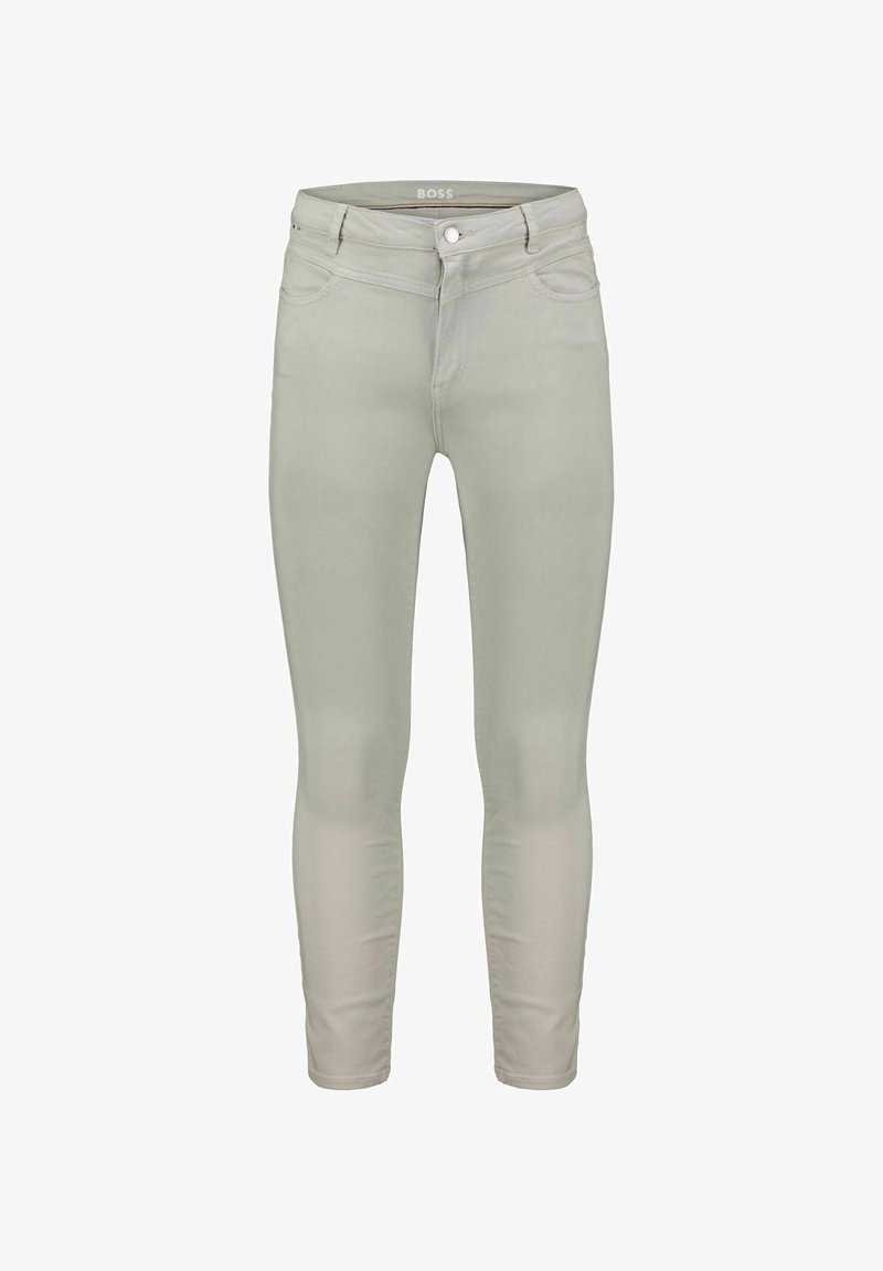 Světlé šedé slim-fit džíny vyrobené z měkkého denimu. Obsahují pět kapes, poutka na pásek a kovové zapínání v pase. Hladká textura.