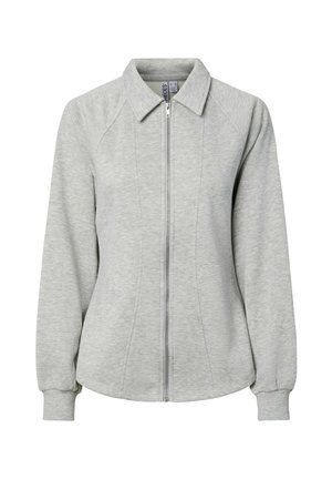 Veste zippée gris clair en tissu doux, dotée d'un col, de manches longues avec poignets côtelés, et de détails de coutures pour une coupe ajustée.