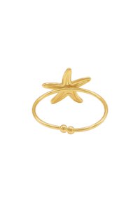 Anillo de oro con un diseño de estrella de mar en la parte superior, acabado liso y dos acentos esféricos en la banda. Forma circular simple.