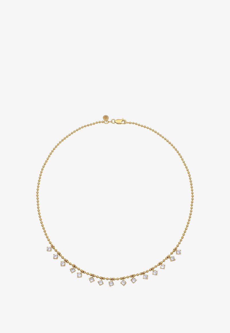 Guldfarvet perlekæde med en delikat kæde, der har mønstrede, diamantlignende accenter hængende langs bunden. Lakseslås lukning.