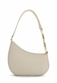Beige Lederhandtasche mit geschwungenem Silhouetten, einzelner Schulterriemen mit metallischen Akzenten und strukturierten Oberfläche.