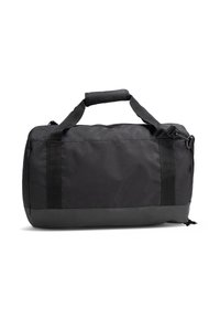 Borsa duffel nera realizzata in tessuto resistente, con manico superiore, cinturini laterali e una base solida. Design minimalista senza motivi né accenti.