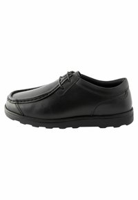 Schwarzer Lederschuh mit runder Zehenpartie, genähten Details und einer niedrigen Gummisohle. Verfügt über Schnürsenkel und eine glatte Oberflächenbeschaffenheit.