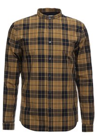 Long-sleeve shirt in brown, black, and yellow plaid. Features a banded collar, front buttons, and a straight-cut hem. Soft fabric texture.