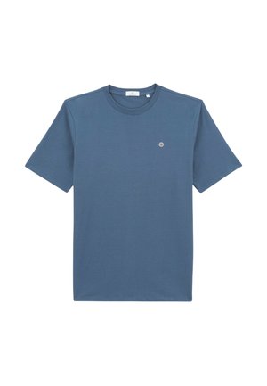 T-shirt à manches courtes de couleur bleu ardoise, fabriqué en coton doux, avec un petit logo sur la poitrine gauche et un col rond.