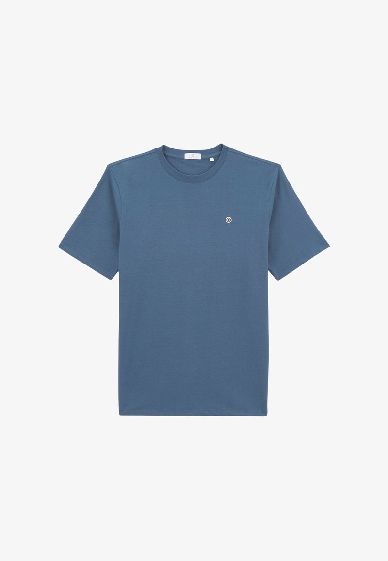 T-shirt à manches courtes de couleur bleu ardoise, fabriqué en coton doux, avec un petit logo sur la poitrine gauche et un col rond.