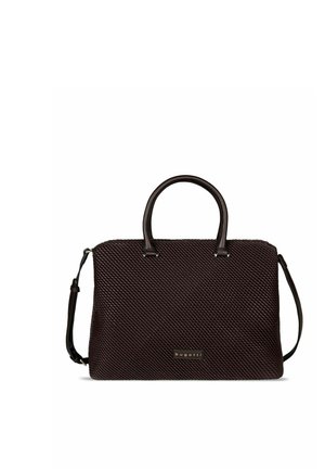 Dunkelbraune, strukturierte Handtasche mit zwei oberen Griffen und abnehmbarem Schulterriemen, auf der Vorderseite ist eine kleine "bugatti" Logo-Plakette angebracht.