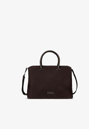 Borsa a mano marrone scuro con trama, doppi manici superiori e tracolla rimovibile, con una piccola targhetta con il logo "bugatti" sul davanti.