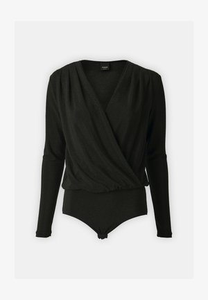 Body a maniche lunghe nero con design avvolgente, realizzato in tessuto morbido. Presenta dettagli plissettati sulle spalle e una scollatura a V profonda.