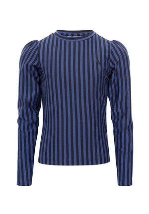 Blauw en zwart gestreepte langermige top met een getailleerde pasvorm, ribbeltextuur, ronde halslijn en pofschouderdetails. Bevat een klein logo.