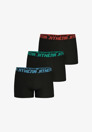 Trois paires de boxers noirs avec des ceintures élastiques colorées : rouge, bleu-vert et bleu, chacune portant "ATHENA" en lettres majuscules.