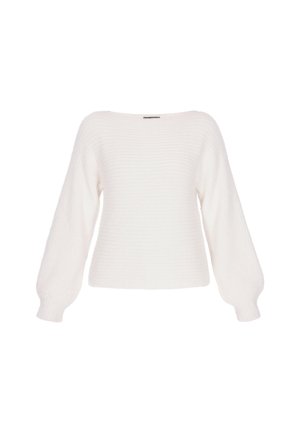 Hvid strikket sweater med lange, puffede ærmer og en bred halsudskæring. Har en ribbet tekstur og en afslappet, boxy pasform.