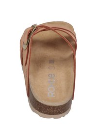 Brown cork-soled sandal with a light brown suede strap, featuring a metal buckle. Insole shows "ROHDe" branding and size 38.