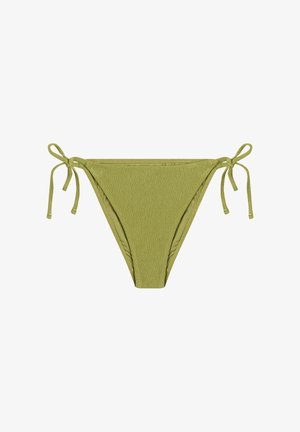 Bas de bikini texturé vert olive avec liens latéraux ajustables pour un ajustement personnalisable, présenté sur un fond blanc uni.
