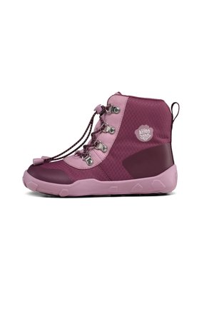 Children’s pink and purple high-top boot with elastic toggle laces, metal eyelets, reinforced toe and heel, and Affenzahn logo on the side.