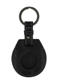 Porte-clés en cuir noir avec un anneau de clé rond, présentant une surface texturée et une découpe circulaire sur le corps, maintenu par une lanière en cuir cousue.