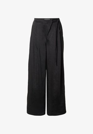 Black wide-leg pants made of lightweight fabric, featuring a tie waist and smooth texture, with a streamlined silhouette and no patterns.