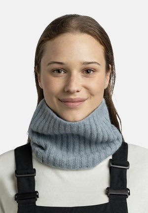 Light blue ribbed knit cowl neck scarf made of soft material, featuring a rolled edge and a small brand tag at the side.