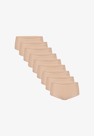 Ni par beige kvindelige bomuldsundertøjer arrangeret diagonalt med Sloggi-logo på linningen mod en hvid baggrund.