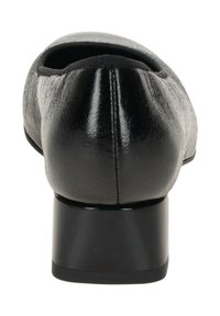 Sort lavhælet sko med en glat læderfinish, rund tå og elastisk overdel. Har en solid sort blokhælkonstruktion.