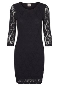 Robe noire en dentelle avec manches trois-quarts, coupe ajustée, motif floral et doublure intérieure lisse. Longueur courte, encolure ronde.