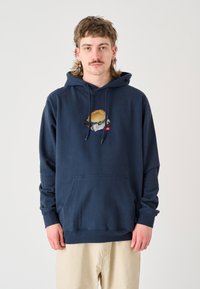 Navy blue hoodie with a front pocket, drawstring hood, and embroidered burger graphic on the chest. Made of soft cotton blend fabric.