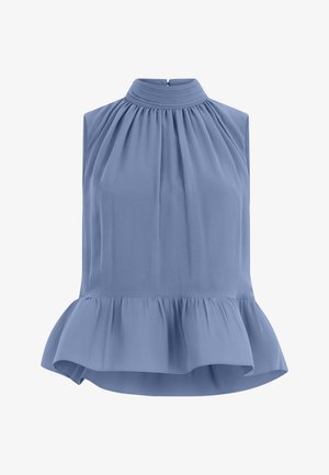 Ärmellose blaue Bluse mit hohem plissiertem Kragen, Reißverschluss am Rücken und gerüschtem Saum an der Taille, aus leichtem Stoff gefertigt.