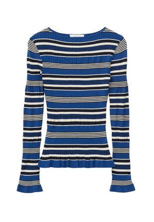 Haut à manches longues en maille côtelée avec des rayures horizontales bleues, noires et blanches, avec de légers détails volantés aux poignets et à l'ourlet.