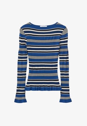 Langærmet ribstrikket top med horisontale blå, sorte og hvide striber, med lette flæsedetaljer ved manchetter og kant.