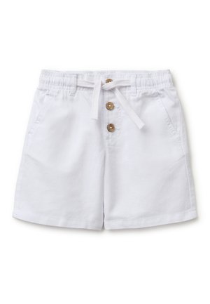 Pantaloncini bianchi con vita elasticizzata, coulisse bianca, tre bottoni marroni e tasche frontali, mostrati su sfondo bianco.