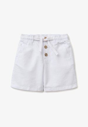 Pantaloncini bianchi con vita elasticizzata, coulisse bianca, tre bottoni marroni e tasche frontali, mostrati su sfondo bianco.