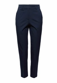 Pantalon formel bleu marine slim avec passants de ceinture et poches avant, conçu pour un look ajusté et soigné.