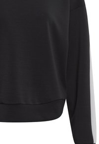 Black sweatshirt with a cropped design, featuring a smooth texture, long sleeves, and contrasting white stripes down the sleeves.