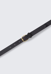 Black leather belt with a gold metal buckle, featuring evenly spaced holes for adjustment and a raised logo detail embossed on the strap.