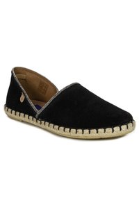 Espadrille de ante negro con suela de yute, presenta un ribete plateado en la abertura y una puntera redondeada. Diseño simple y plano con un detalle mínimo.