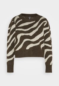 Brown and white zebra-striped long-sleeve knit sweater with ribbed cuffs and hem, and a crew neckline.